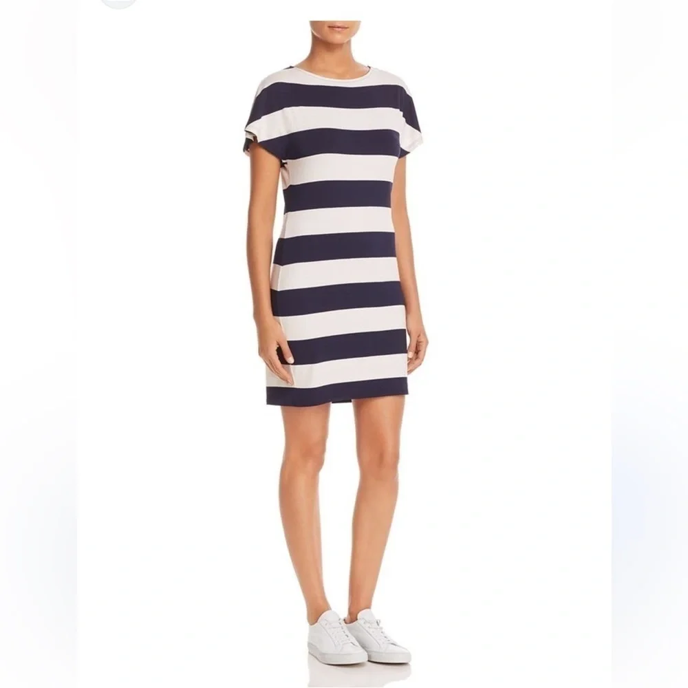 Three Dots South Hampton Striped Dress Small Navy Blue And White Striped